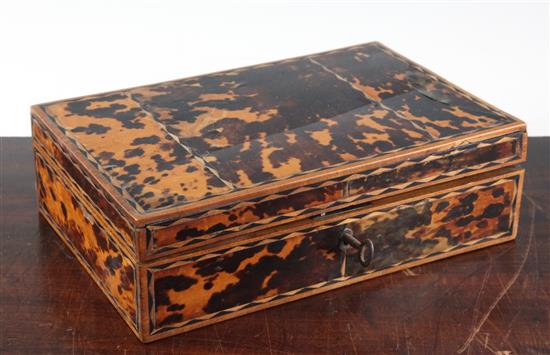 A 19th century Goanese parquetry and tortoiseshell work box, 10.25in.